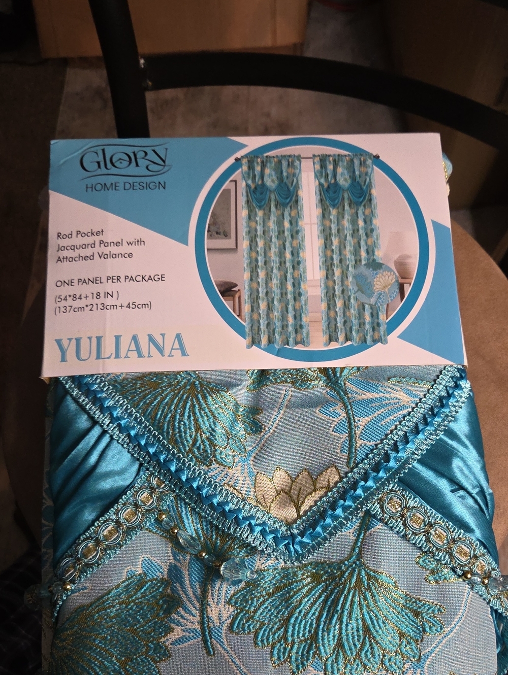 GLO jeans Teal Blue Curtain Panel with Gold Embroidery